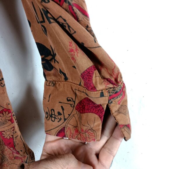 Tianello Art to Wear Shirt Womens S Brown Asian Print Tencel 3/4 Sleeve USA Made - Picture 8 of 12